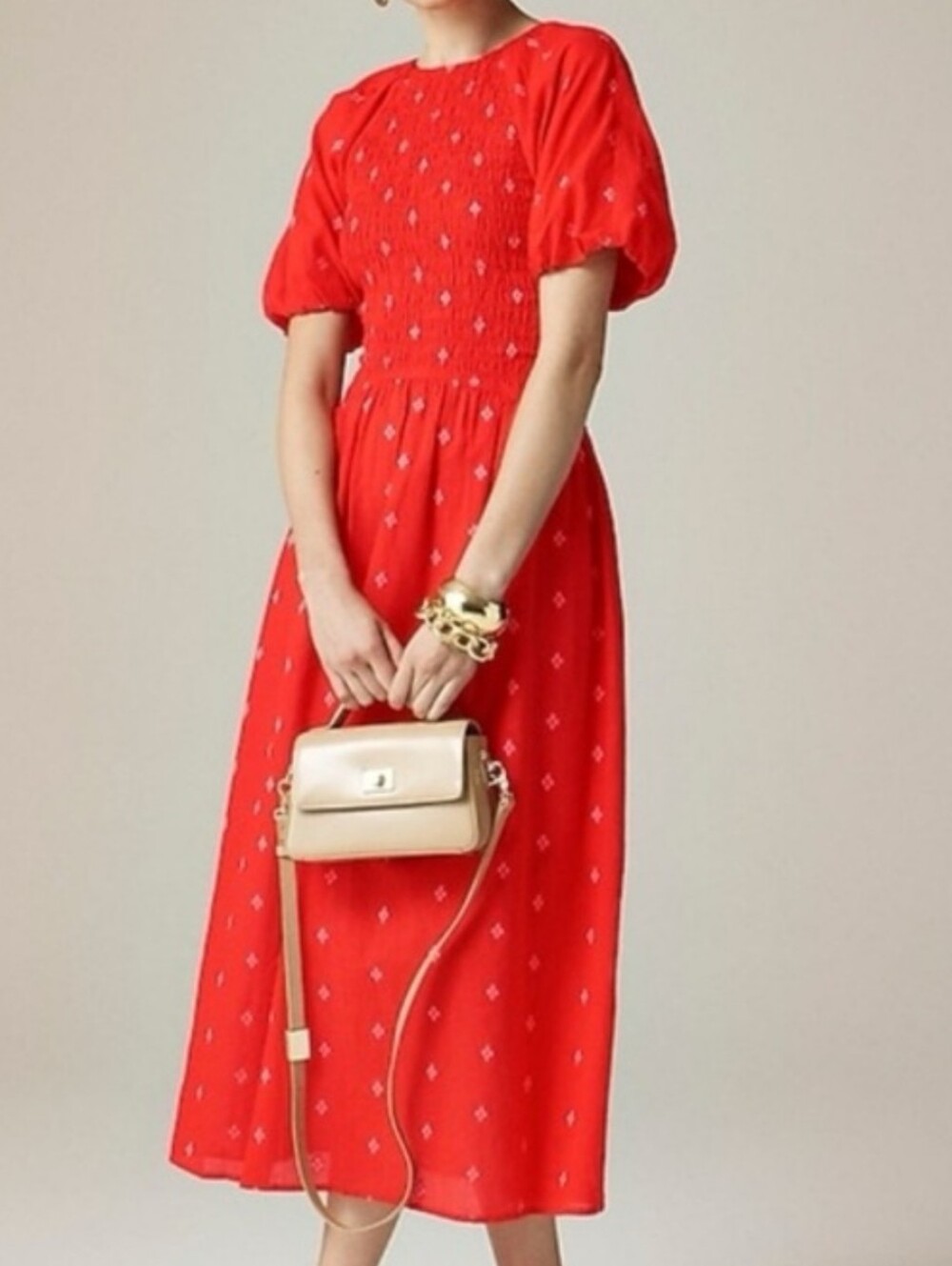 J. Crew Meadow Red Smocked Midi Dress In Cotton Poplin In Red/White Combo